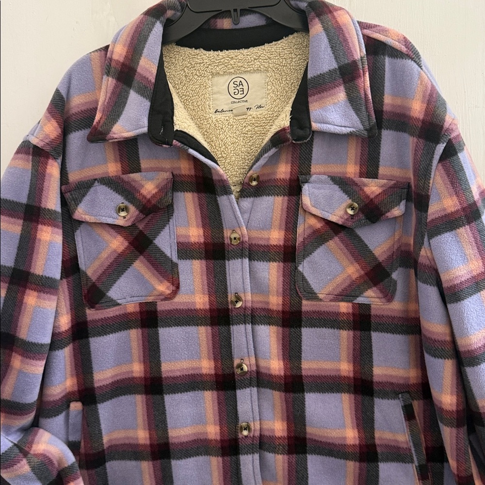 SAGE Collective purple & Lavender Plaid Fleece Jacket with Sherpa Lining XXL - Picture 3 of 9